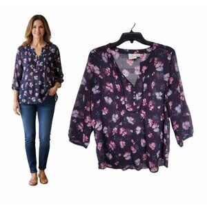 ⭐St. John's Bay Womens Size S Navy Blue Floral 3/4 Sleeve Blouse Transparent